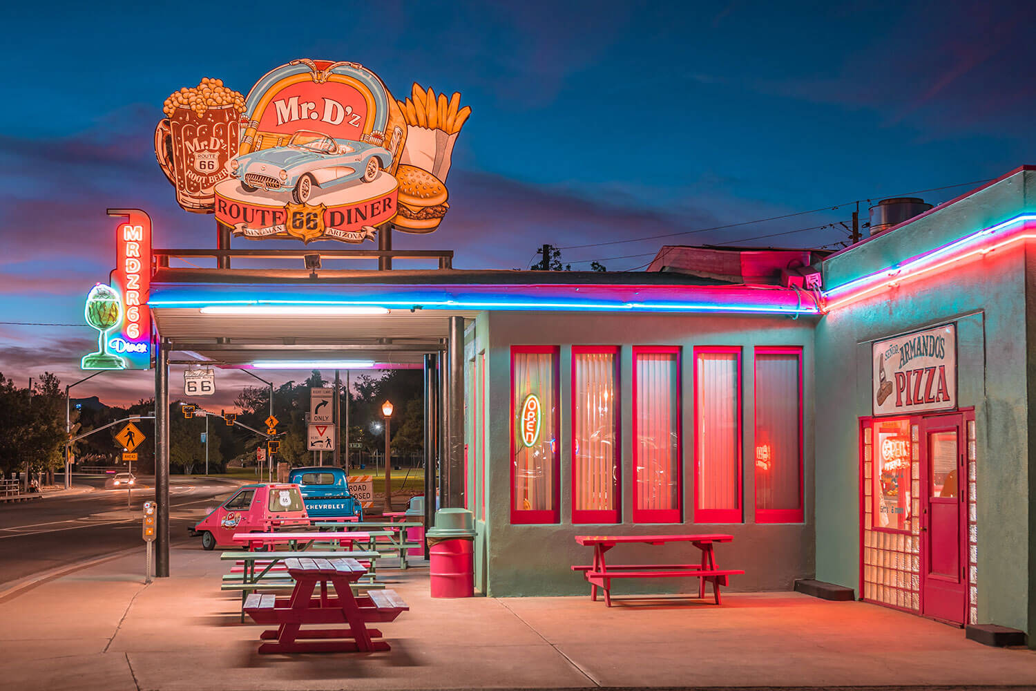 American Diner on Route 66 bathed in neon light