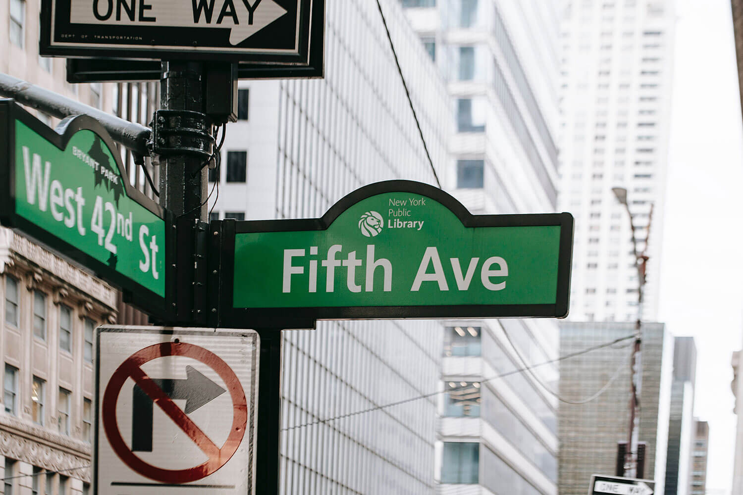 Street signs in New York. Fifth Avenue and West 42nd Street